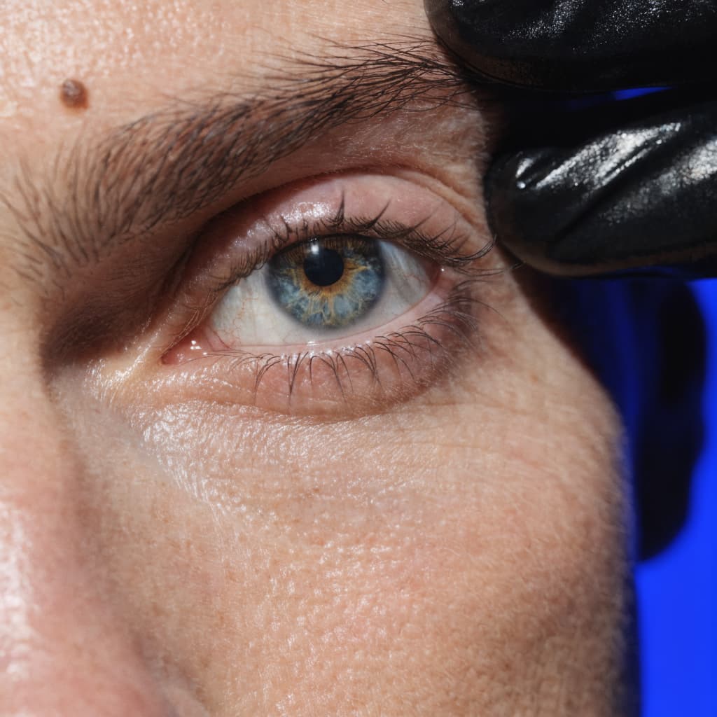 Close-up of a man's eye during blepharoplasty consultation